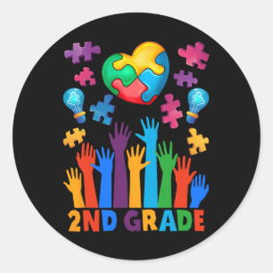 Back To School 2nd Grade Puzzles Heart Autism Awar Classic Round Sticker