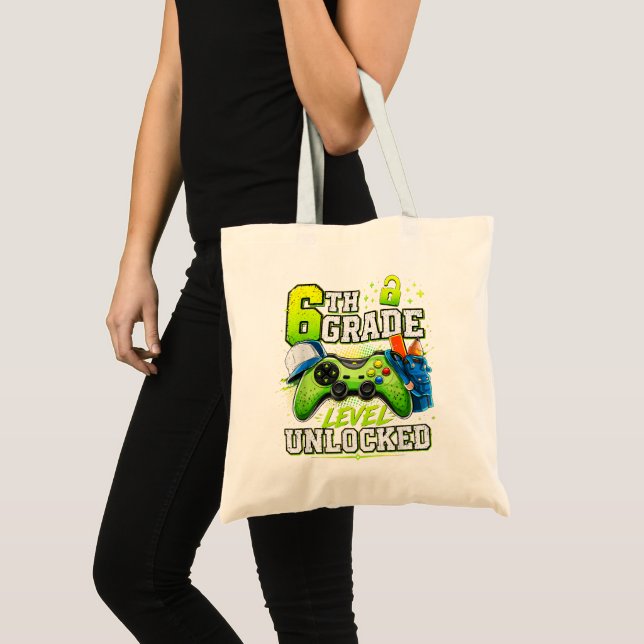 Back to School 6th Sixth Grade Level Unlocked Tote Bag (Front (Product))