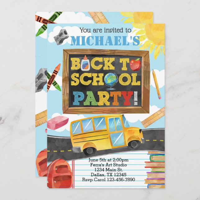 Back to School Birthday Party Invitation Invite (Front/Back)