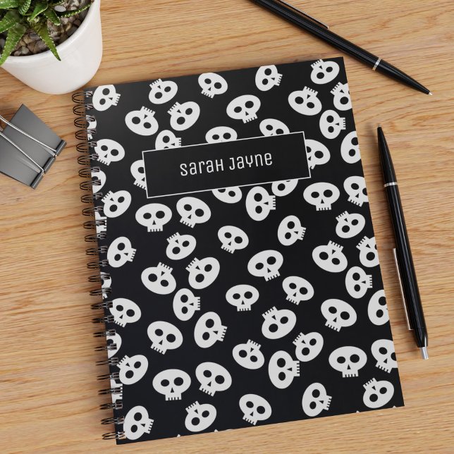 Back to School Black and White Skull Pattern Goth Notebook (💀 Just add your name to this cute skull pattern notebook 💀)