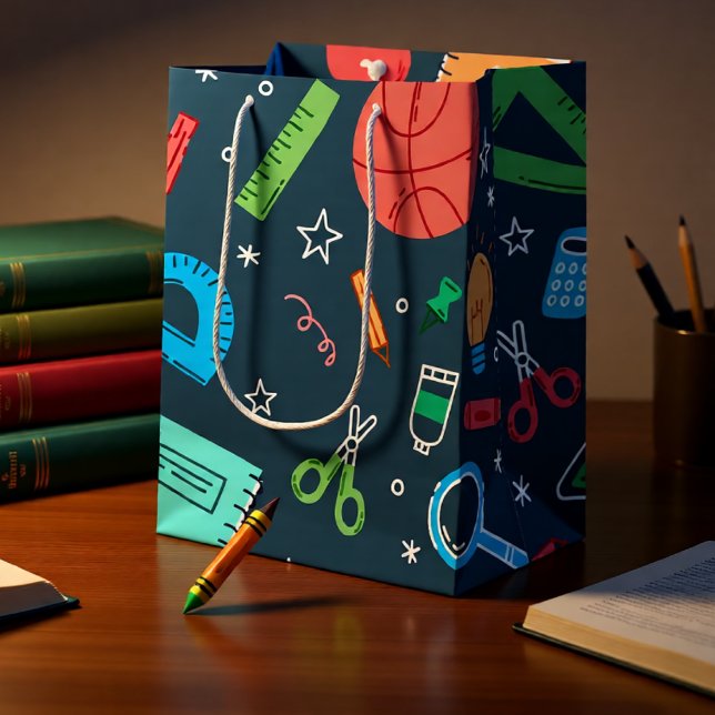 Back to school blue supplies medium gift bag (Back to School Blue School Supplies Pattern Medium Gift Bag)