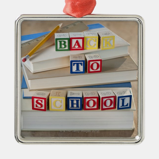 Back to school building blocks on stacked books metal tree decoration (Front)