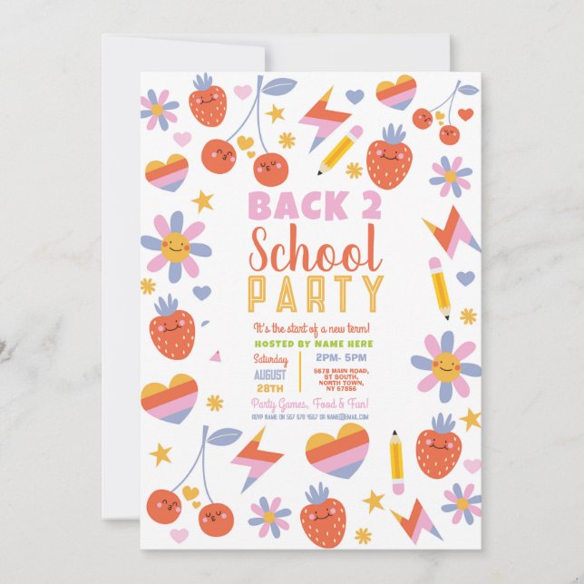 Back To School Bus Party Fruit Hearts Flower Invitation (Front)
