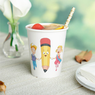 Back to School Cartoon Happy Pencil and Kids  Paper Cups