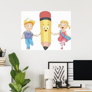 Back to School Cartoon Happy Pencil and Kids  Poster