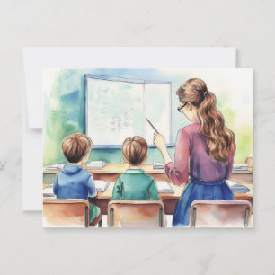 Back to school children with teacher postcard