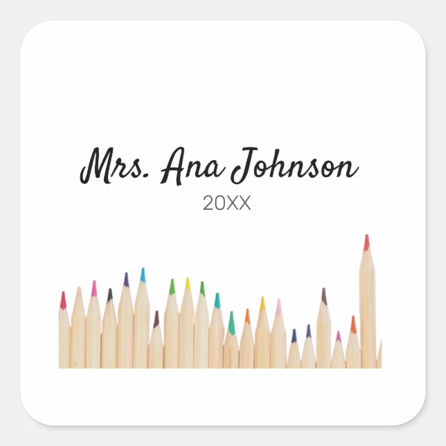 Back to school colour pencils add name class year square sticker (Front)