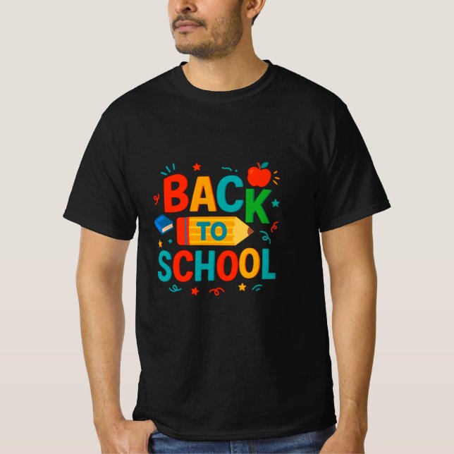Back to School" Colourful Pencil & Apple Graphic T-Shirt (Front)