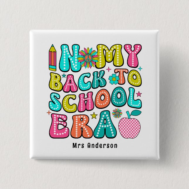 Back to school colourful retro teacher  15 cm square badge (Front)