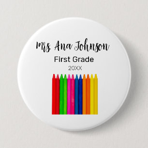Back to school crayons add name grade class year 7.5 cm round badge