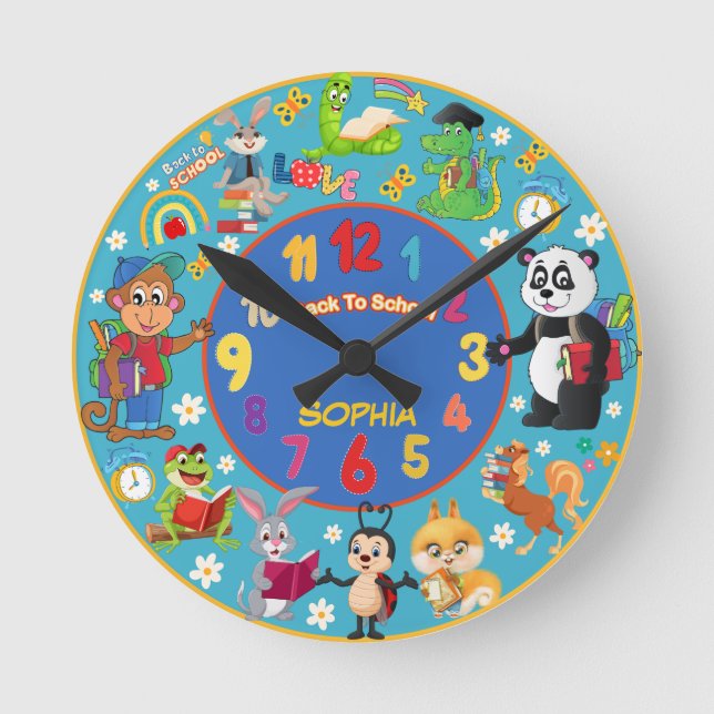 BACK TO SCHOOL CUTE ANIMALS CUSTOMIZABLE NAME ROUND CLOCK (Front)