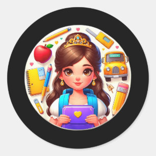 Back to school cute princess girls student classic round sticker
