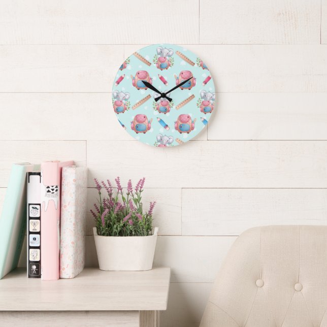 Back to School Elephant Pattern Large Clock (Reading Room)