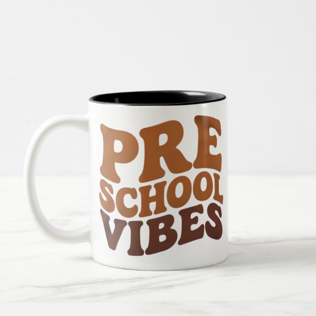 Back to School First Day of Pre-K Preschool Groovy Two-Tone Coffee Mug (Left)