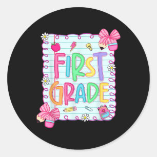 Back To School First Grade Coquette Pencil Bow Tea Classic Round Sticker