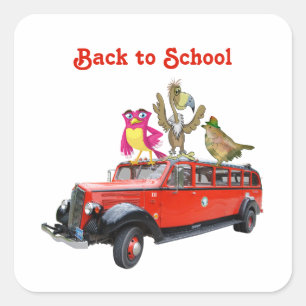 Back to School Fun Ride Cartoon Birds Riding Bus  Square Sticker