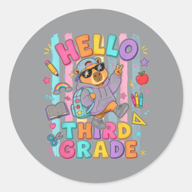Back To School Hello 3rd Grade Capybara Third Classic Round Sticker (Front)