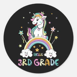 Back To School Hello 3rd Grade Rainbow Unicorn Tea Classic Round Sticker