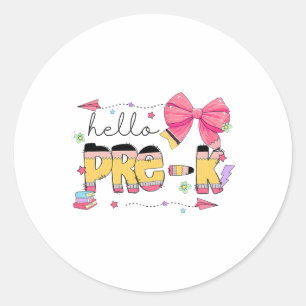 Back To School Hello Pre-k Teacher Coquette Pencil Classic Round Sticker