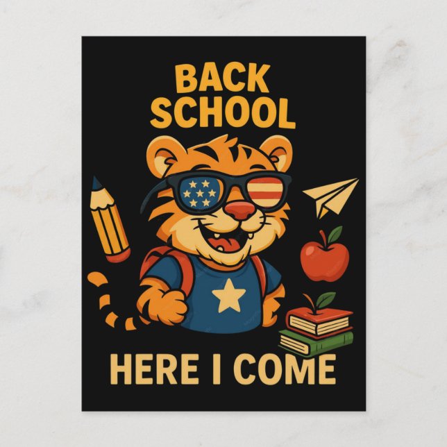 Back To School Here I Come Cute Tiger Postcard (Front)