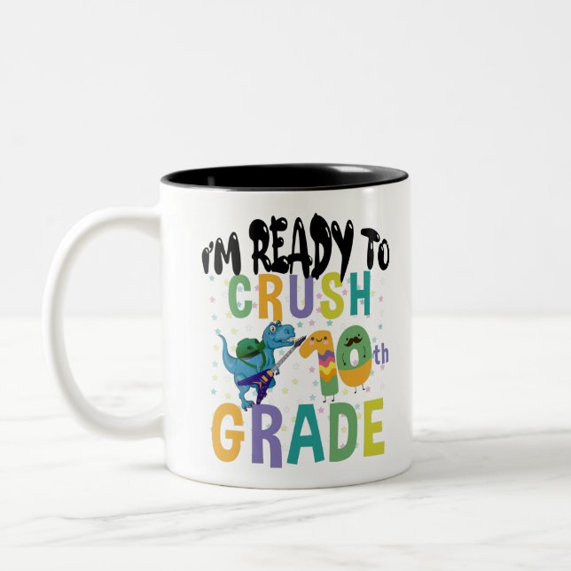 Back To School I'm Ready To Crush 10th Grade Dino Two-Tone Coffee Mug (Left)