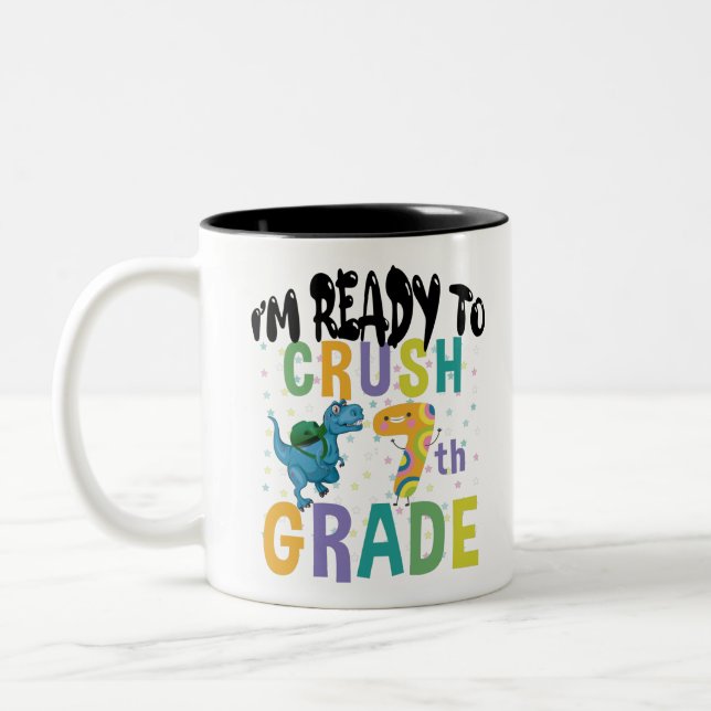 Back To School I'm Ready To Crush 7th Grade Dino Two-Tone Coffee Mug (Left)