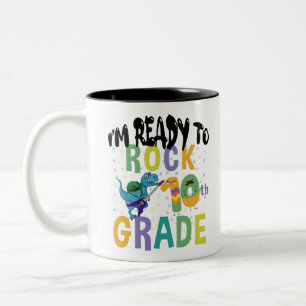 Back To School I'm Ready To Rock 10th Grade Dino Two-Tone Coffee Mug