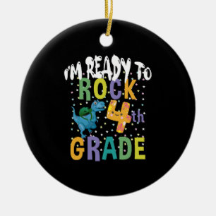 Back To School I'm Ready To Rock 4th Grade Dino Ceramic Ornament