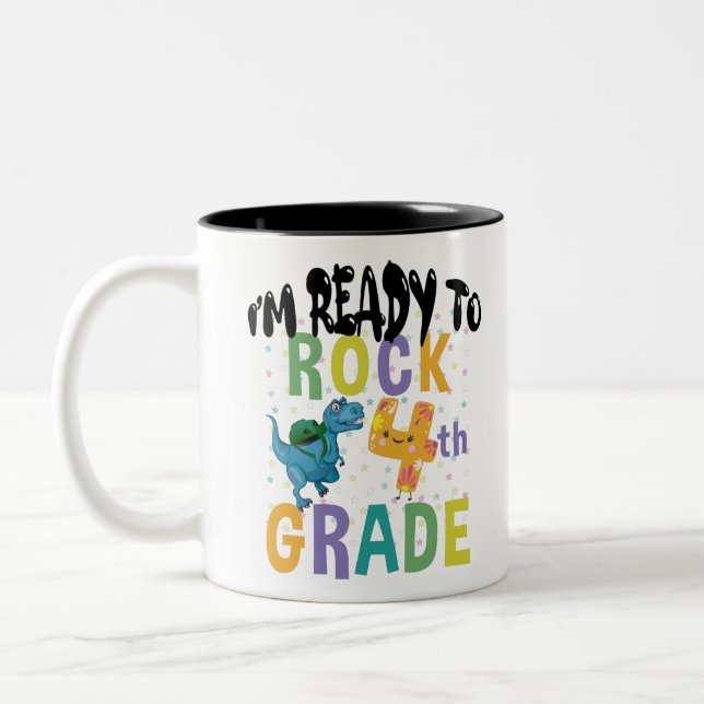 Back To School I'm Ready To Rock 4th Grade Dino Two-Tone Coffee Mug (Left)