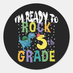 Back To School I'm Ready To Rock 5th Grade Dino Classic Round Sticker