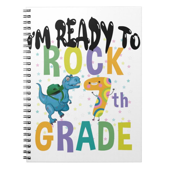 Back To School I'm Ready To Rock 7th Grade Dino Notebook (Front)