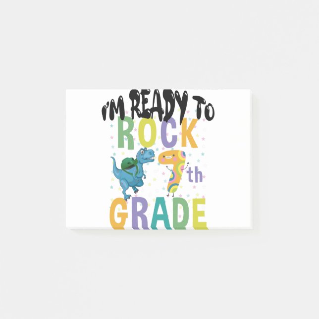 Back To School I'm Ready To Rock 7th Grade Dino Post-it Notes (Front)