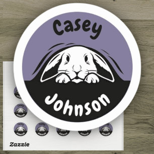 Back to school name label, cute peeking bunny   classic round sticker