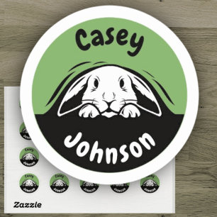 Back to school name label, cute peeking bunny  classic round sticker