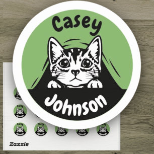 Back to school name label, cute peeking cat classic round sticker