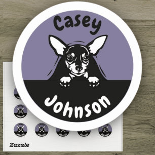 Back to school name label, cute peeking dog classic round sticker