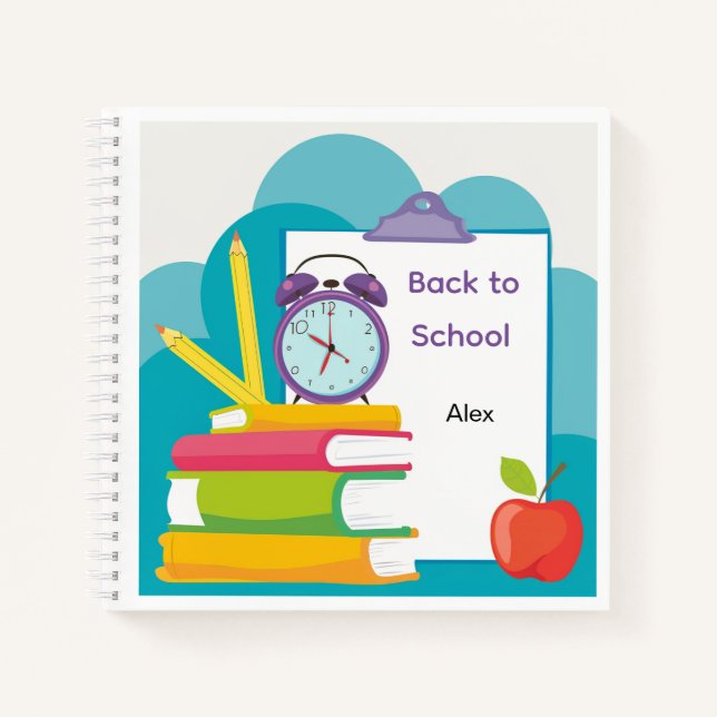 Back to School Notebook with Books and Alarm Clock (Front)