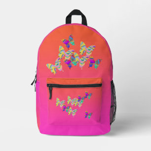 Back To School Orange Pink Butterfly Printed Backpack
