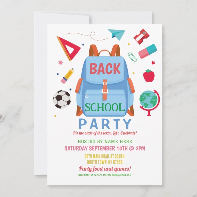 Back To School Party Pre School Backpack Invitation (Front)