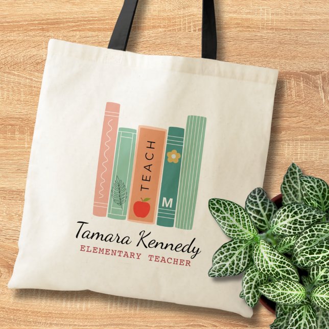 Back to School Pastel Books Teacher Name Gift  Tote Bag (Creator Uploaded)