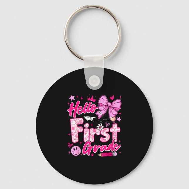 Back to school pink hello first grade coquette bow key ring (Front)