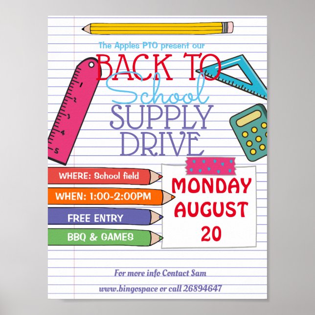 back to school PTA PTO supply drive event Poster (Front)