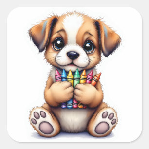 Back To School Puppy With Crayons Sticker