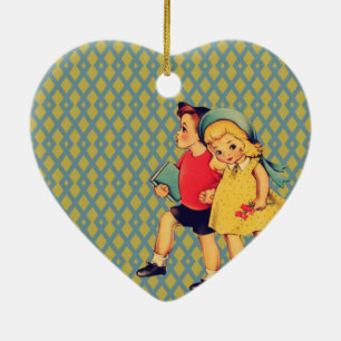 back to school retro pattern Kitsch Vintage Kids Ceramic Ornament