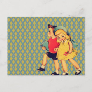 back to school retro pattern Kitsch Vintage Kids Postcard