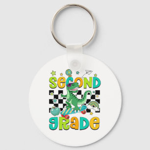 Back To School Rolling Into 2nd Grade T-rex Skateb Key Ring