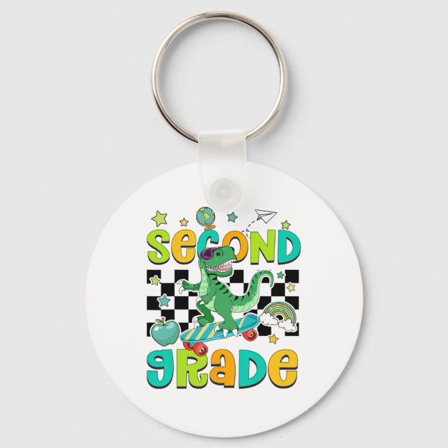 Back To School Rolling Into 2nd Grade T-rex Skateb Key Ring (Front)