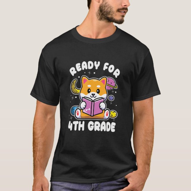 Back To School Space Planets Dog Ready For 4th Gra T-Shirt (Front)