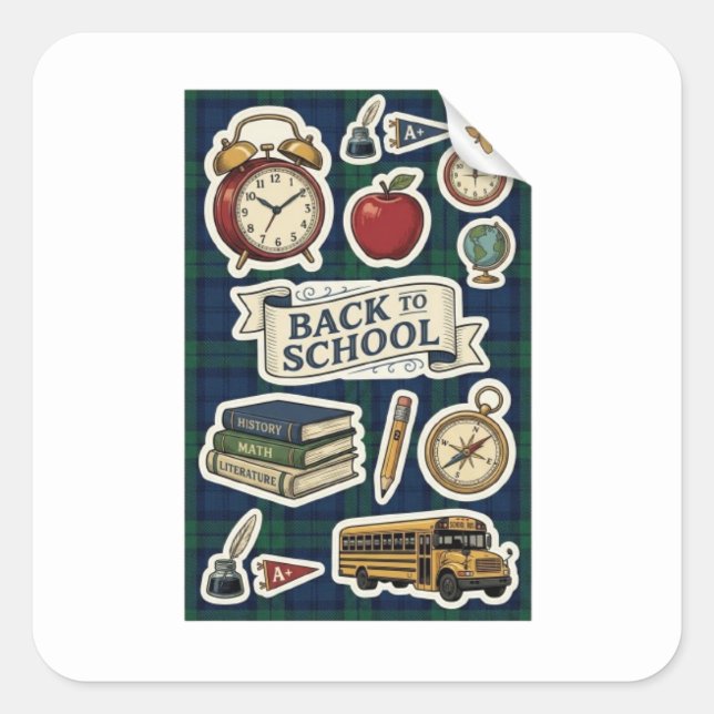 Back to School Sticker Sheet - Navy & Green Plaid (Front)