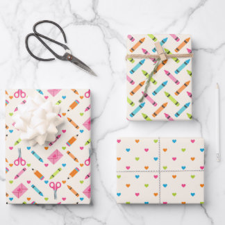 Back to School Supplies Crayons Hearts Pattern Wrapping Paper Sheet